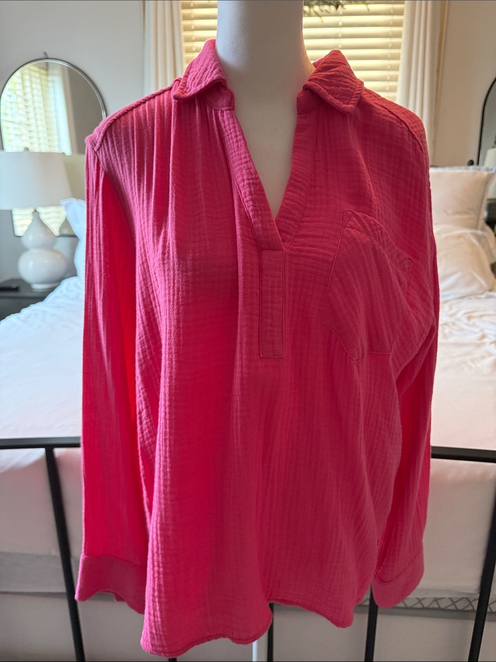 CeCe Bright Pink Cotton Gauze Long-Sleeve Tunic
